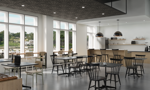 a large room with tables